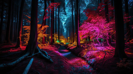 Mysterious dark forest at night with bright lights. halloween conceptの素材
