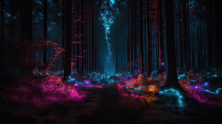 Fantasy dark forest with glowing neon lights. 3D Renderingの素材