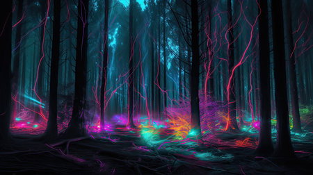 Fantastic dark forest with glowing neon lights. 3D renderingの素材