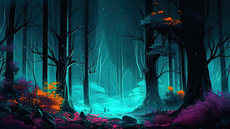 Mystical dark forest with fog. Halloween background. vector illustrationの素材