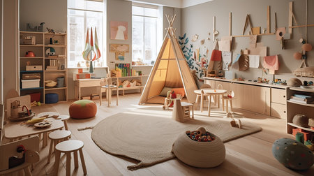 3d rendering of a children's room with a wooden teepeeの素材