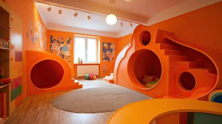 Interior of a children's room with a wooden floor, orange walls and a childrens playroomの素材