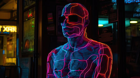 Spiderman character in neon light. Spiderman is a character from the movie Spiderman.の素材