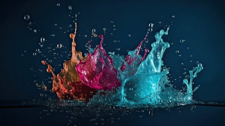 Colorful splashes of water on a blue background. 3d renderingの素材