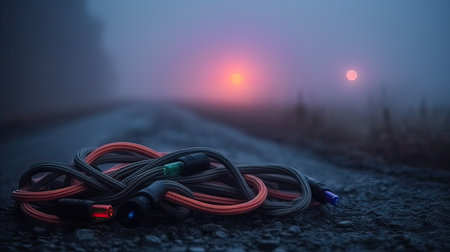 Foggy road. Carabiner on the road. Carabiner on the road.の素材