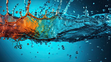 Water splash with orange and blue background. 3d rendering, 3d illustration.の素材