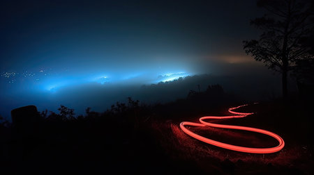 Futuristic light trail in the forest at night. long exposure shot.の素材