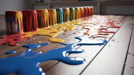 colorful paint dripping on a wooden floor from a paintbrushesの素材