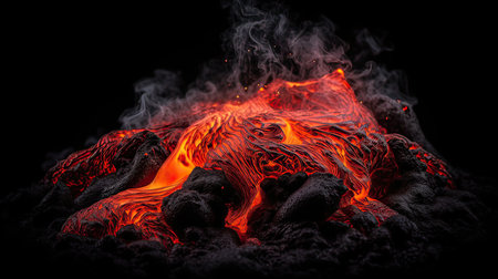 Burning lava on the background of the volcano at night. close-upの素材