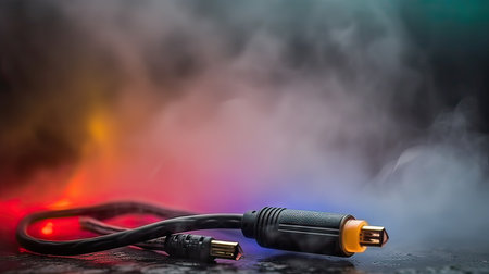 Audio video cable on a black background with smoke. selective focusの素材