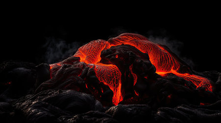 A closeup shot of a lava flow with smoke on a black backgroundの素材