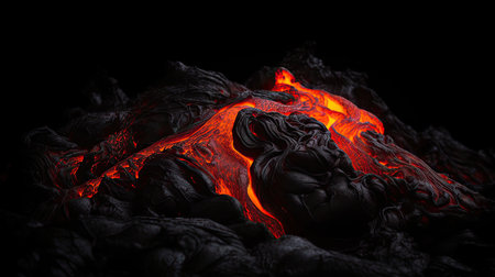 Volcanic eruption with lava on black background. 3D illustration.の素材