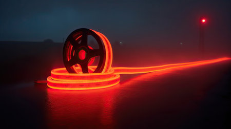 Cinema film reel with red light in the foggy nightの素材