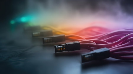 Fiber Optic cables connected to an optic ports on dark background with smoke and fog. selective focusの素材