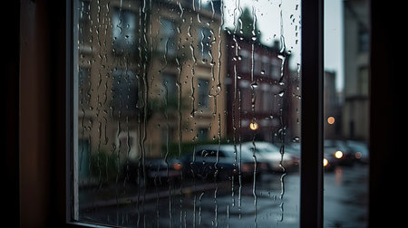 raindrops on the glass, blurred cars on the road in the backgroundの素材
