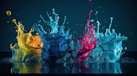 Colored splashes of water on a black background. 3d renderingの素材