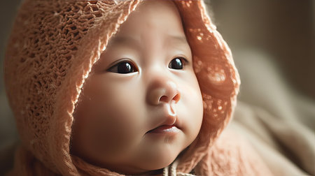Portrait of adorable asian baby girl wearing a hat and scarfの素材