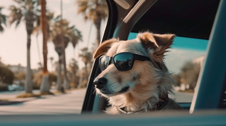 Cute dog in sunglasses looking out of car window during summer vacationの素材