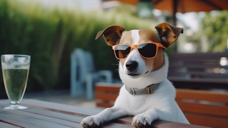 Jack russell terrier dog wearing sunglasses sitting on a wooden benchの素材
