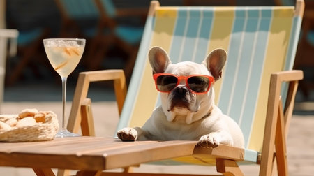 French bulldog with sunglasses and a cocktail on a deckchair.の素材
