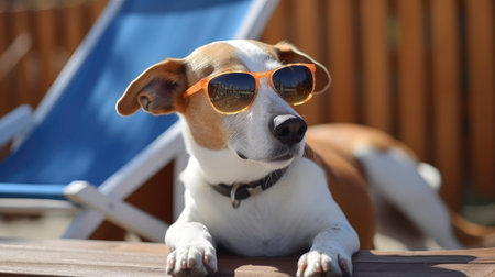 Jack russell terrier dog in sunglasses on a deckchairの素材