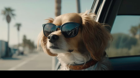 Sunny day with a cool dog in a car - generated by AIの素材