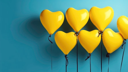 Yellow heart shaped balloons on blue background, top view. Space for textの素材