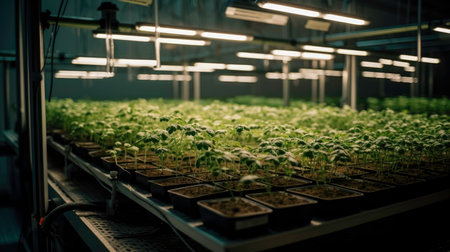 Young seedlings of tomato in a greenhouse. selective focus.の素材