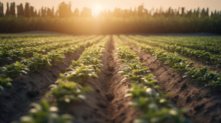 Agricultural field with rows of potato plants in the sunset lightの素材