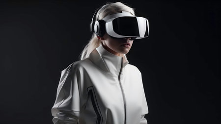 Young woman wearing virtual reality goggles. Studio shot on dark background.の素材
