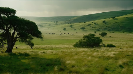 African savannah with trees, grass and grazing cows, South Africaの素材