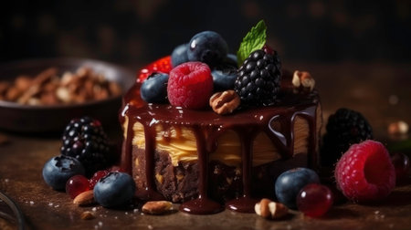 Chocolate cake with berries and nuts on a wooden background. selective focus.の素材