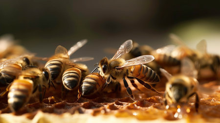 Close up view of the working bees on honeycells. bee honey production.の素材