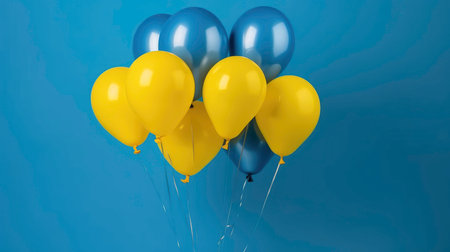 Blue and yellow balloons on a blue background. 3D Renderingの素材