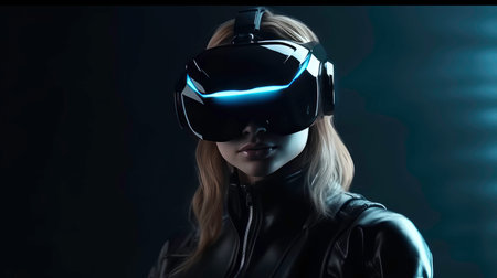 Young woman wearing virtual reality goggles. Future technology concept. 3D Renderingの素材