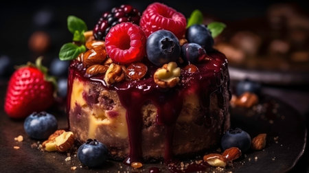 Cheesecake with fresh berries and nuts on a dark background.の素材