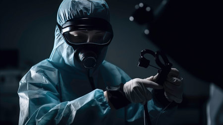 Surgeon in protective suit performing surgery on patient in operating room.の素材