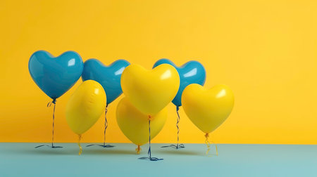 Colorful balloons in the shape of a heart on a yellow backgroundの素材