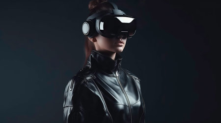 Futuristic woman wearing virtual reality goggles. Future technology concept.の素材