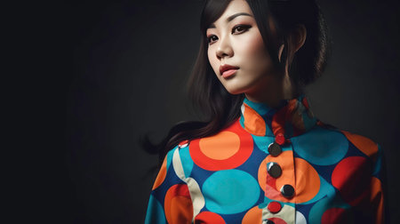 Fashion portrait of young beautiful asian woman with bright colorful clothes.の素材