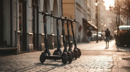 Rental Parking for Electric Scooters on a Sidewalk: An AI-Generated Imageの素材