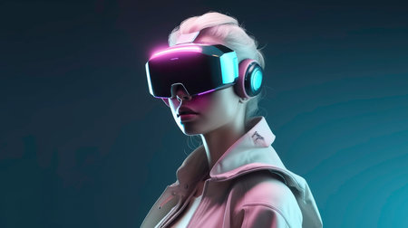 3d illustration of a woman wearing virtual reality goggles. 3d renderingの素材