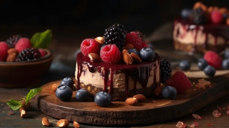 Delicious cheesecake with berries on wooden table, closeup viewの素材