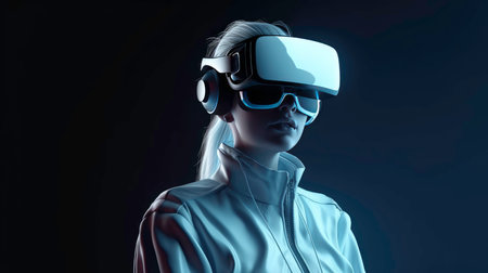 Young woman wearing virtual reality goggles. Future technology concept. 3D Renderingの素材
