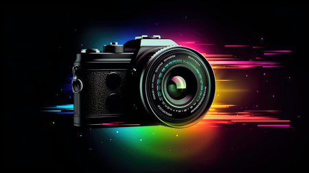 Camera in cartoon style with multicolored effects on a black background (AI generated image)の素材