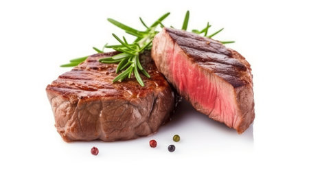 Juicy steak with basil and pepper on a wooden board (AI generated image)の素材