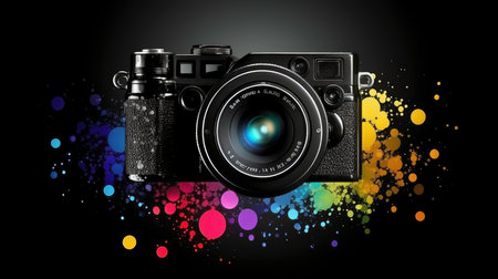 Black background with a cartoon camera and multicolored effects (AI generated image)の素材