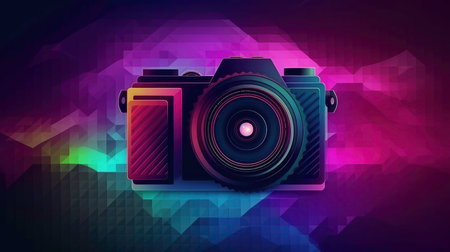 Cartoonish camera with colorful effects on a black background (AI generated image)の素材