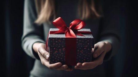 Holding a Present: An AI-Generated Image of Girl's Hands with a Box and Ribbonの素材