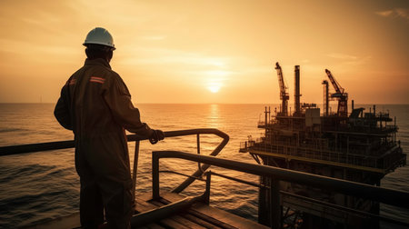 Oil platform on the sea horizon at sunset (AI generated image)の素材